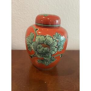 VINTAGE Hand Painted Oxblood Red Porcelain Ginger Jar w/Lid White Yellow Flowers